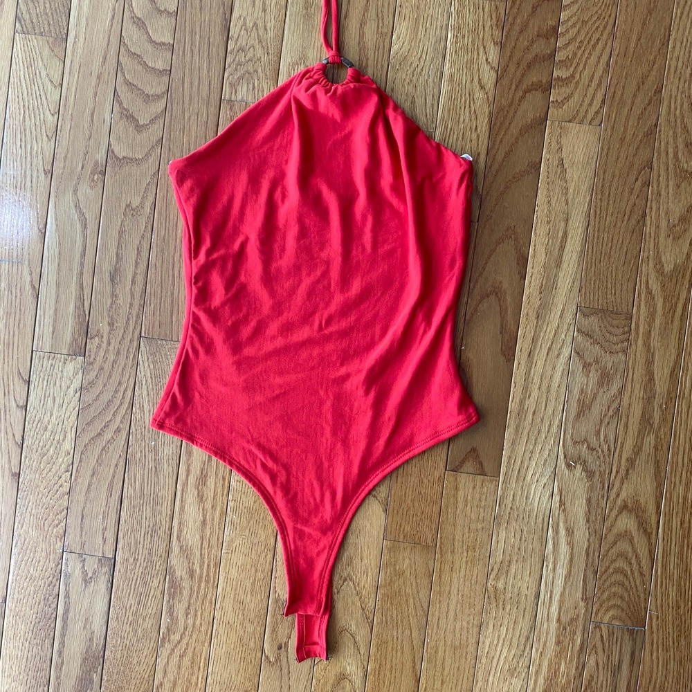 Lulus Suit Your Flair Red Orange O-Ring Halter Bodysuit Small Soft - Picture 9 of 12